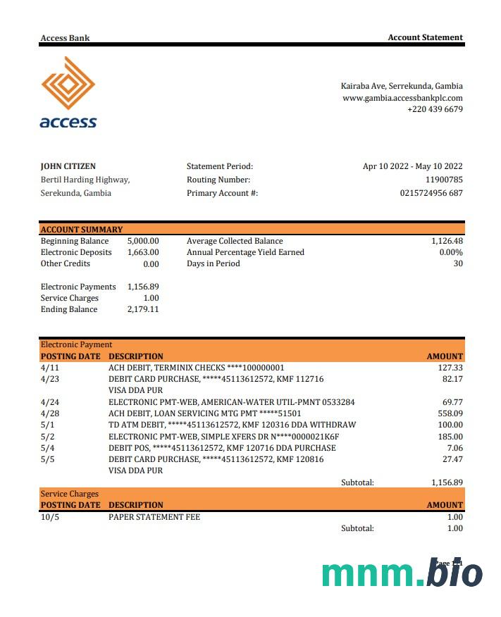 Szablon wyciągu bankowego Gabon BGFI w programie Word i PDF